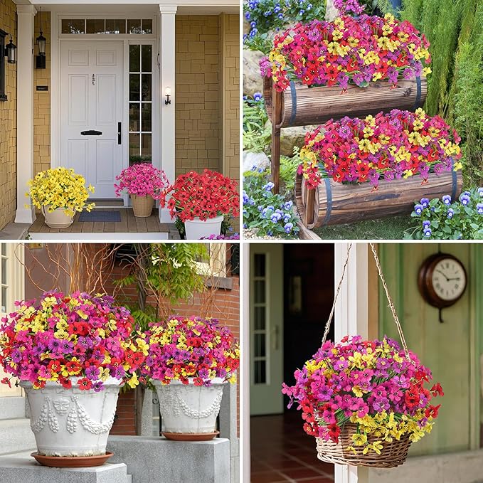 Ouddy Decor 12 Bundles Artificial Flowers for Outdoors Fake Silk Flowers UV Resistant Faux Plastic Plants for Indoor Outdoor Vase Box Garden Porch Window Box Home Spring Summer Decor, Multicolor