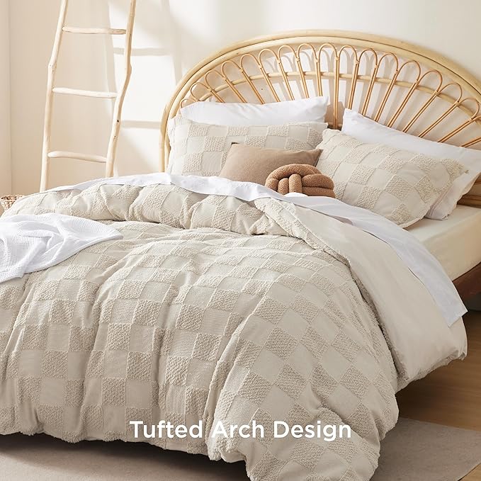 Bedsure Boho Kids Duvet Cover Queen Size（Duvet Insert/Comforter not Included - Checkered Duvet Cover Queenfor All Seasons,Soft Shabby Chic Boho Bedding (Beige, 90" x 90")