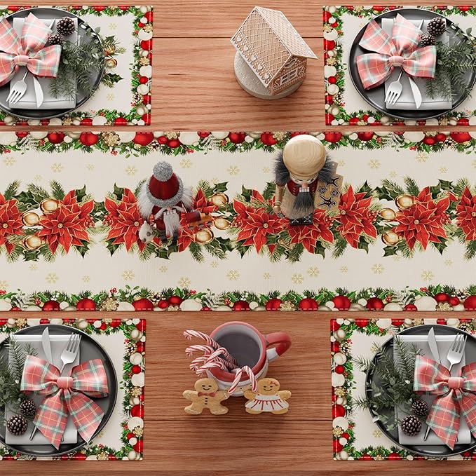 XCHI Christmas Poinsettias Leaves Bells Snowflakes Winter Xmas Table Runner Table Decoration for Home Kitchen Dining Holiday Decor 13x48 Inch