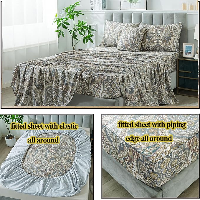 FADFAY Paisley Sheets Set Full Classic Boho Paisley Bedding Luxurious Bohemian Damask Paisley Bed Sheet Set Breathable 100% Egyptian Cotton 800 Thread Count Deep Pocket Fitted Sheet 4Pcs, Full Size