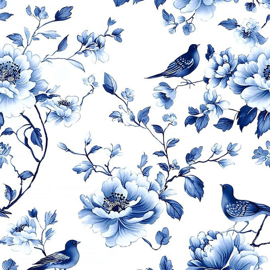 Blue Bird Wallpaper Peel and Stick, Vintage Floral Contact Paper 17.5in x32.8ft Modern Wall Mural Boho Wall Paper Self Adhesive Removable Waterproof for Bathroom Bedroom Cabinet Drawer Kitchen Decor