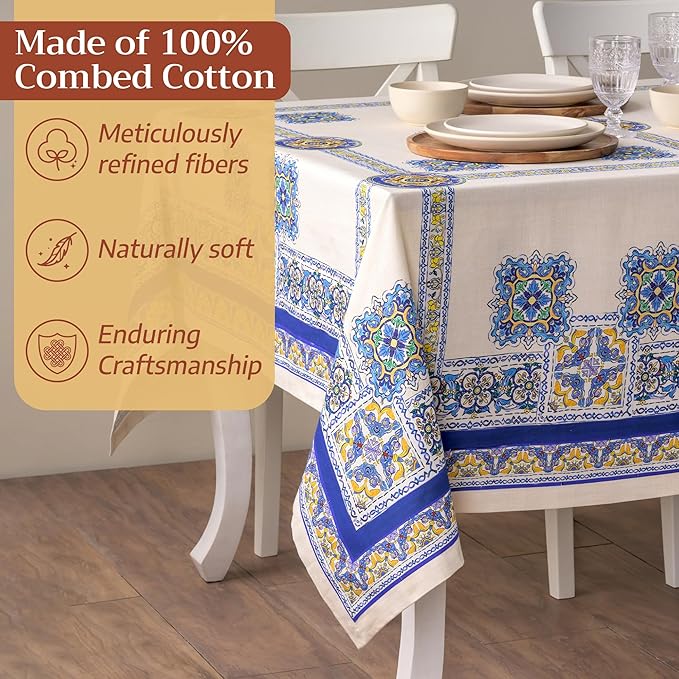 Maison d' Hermine Premium Table Cloth Rectangle Table 100% Combed Cotton 140 x 70 Inches Tablecloth Reusable Decorative for Dining Room, Farmhouse, Home, Party, Festive & Wedding - Sciacca