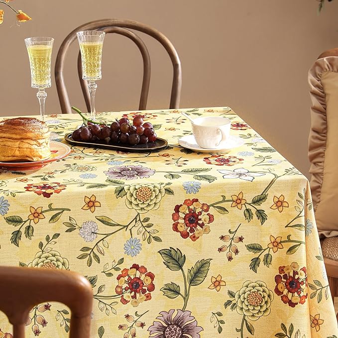 Vintage Linen Tablecloth for Rectangle Table,Yellow Floral French Wrinkle Free Extra Long Tablecloths,Decor Table Cover for Kitchen,Dining,Thanksgiving,Farmhouse,63" × 110"-Bellano