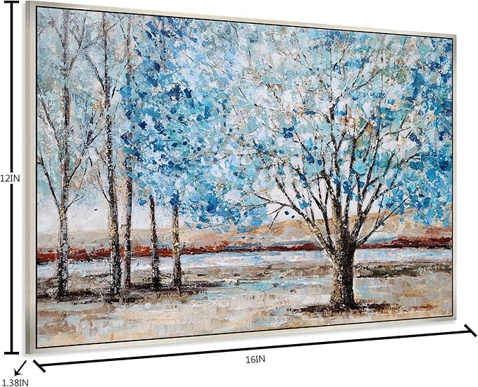 Yihui Arts Blue Tree Canvas Wall Art - Hand Painted Textured Abstract Forest Landscape Modern Artwork with Gold Foil Framed for Living Room, Bedroom, and Bathroom Decor