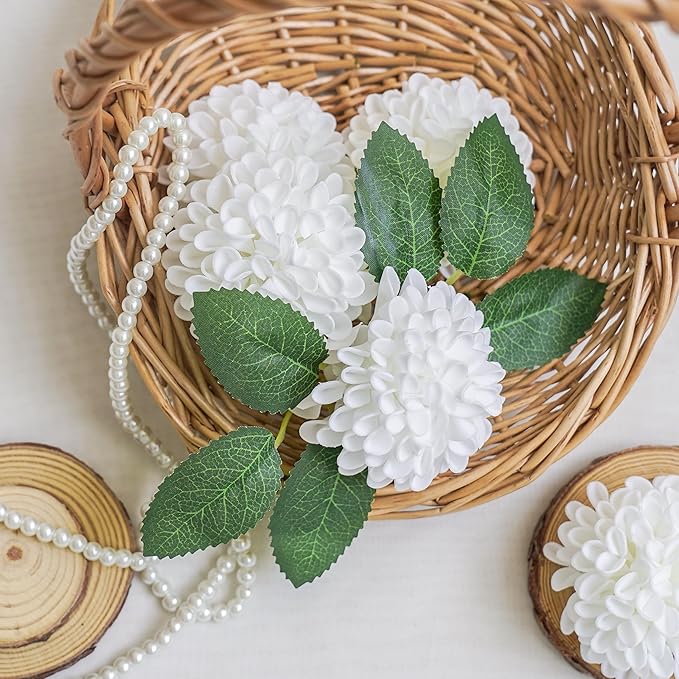 Artificial Dahlia Flowers, 100pcs White Fake Roses with Stem for DIY Wedding Bouquets Centerpieces Arrangements Bridal Shower Party Home Decorations