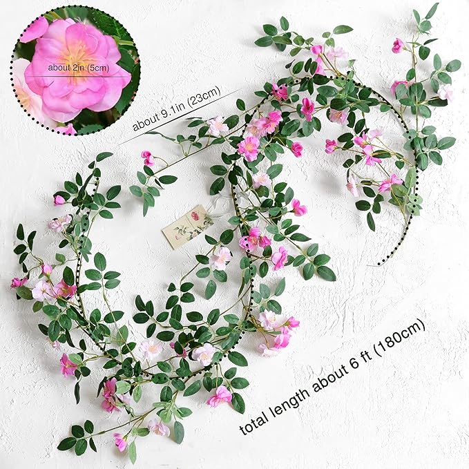 FiveSeasonStuff Fuchsia Pink Flower Garlands, Artificial Silk Wild Roses Bendable Vine Leaves Hanging Flowers for Wall Decoration Basket Trellis Wedding Home 2 Pack 12 ft