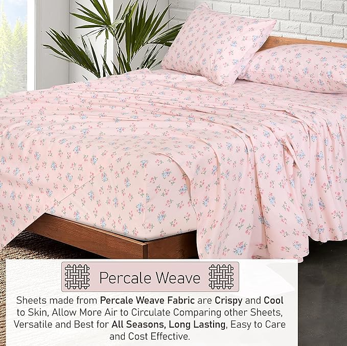 RUVANTI 100% Cotton Split King Sheets Sets for Adjustable Bed, 5 PCs, Soft & Breathable Percale Weave Bedding, Deep Pocket 16", Hotel Standard, Crisp Cool Feel & Durable, Floral Sheet, Spring On