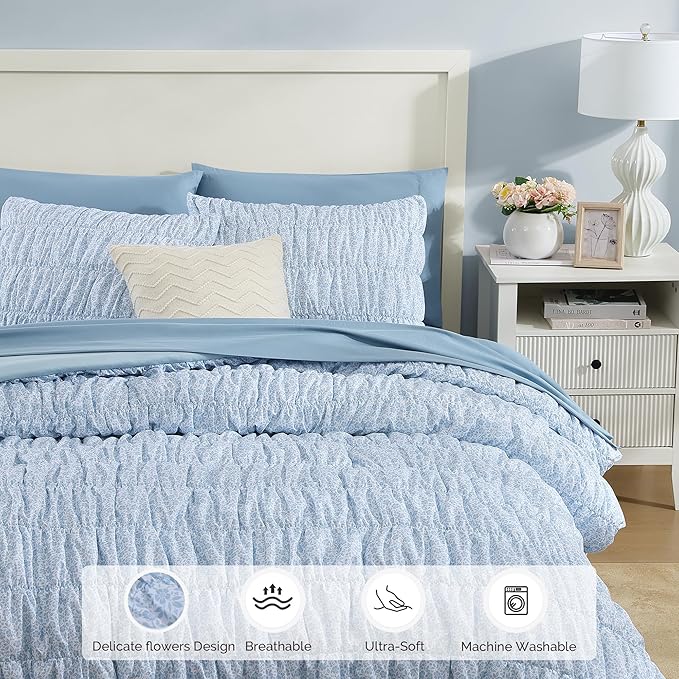 Full Size Comforter Sets - 7 Pieces Puff Cornflower Blue Floral Bedding Set for All Seasons, Shabby Chic Farmhouse Bed in a Bag Full with Floral Comforter, Sheets, Pillowcases & Shams