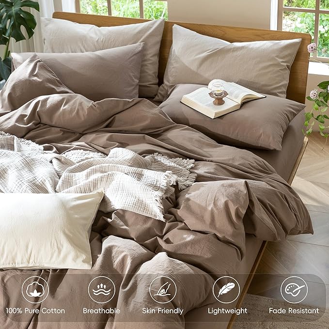 MooMee Bedding Duvet Cover Set 100% Washed Cotton Linen Like Textured Breathable Durable Soft Comfy (Solid Brown, Oversized King Plus 128"x120")