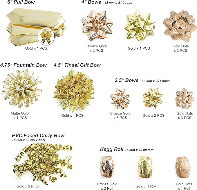 CT CRAFT LLC Gift Bows 22 PCS Set Multi Colored Assorted - Bow x 18 pcs + Kegg Roll x 4 pcs - Gold/Bronze Gold, Holiday Christmas Birthday Party Wrapping