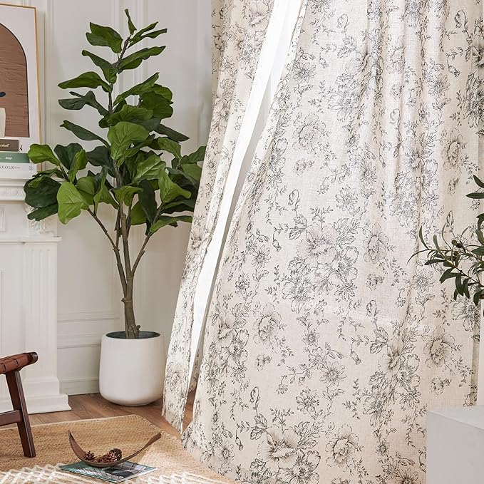 jinchan Linen Blend Curtain Floral Curtains for Living Room 102 Inch Length Black Printed Curtain Rod Pocket Back Tab Farmhouse Peony Flower Patterned Drapes Bedroom Window Curtains Set 2 Panels