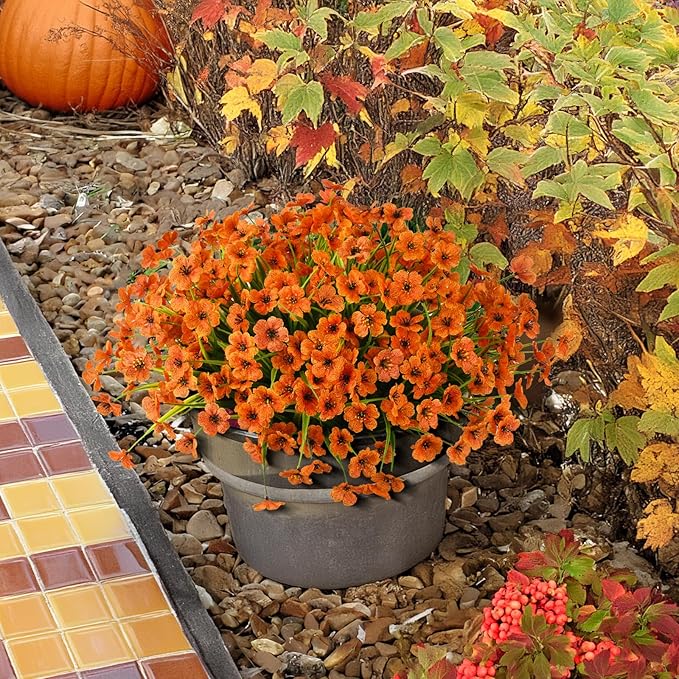 Artificial Fake Plants Flowers for Outdoor Outside Fall Decoration,12 Bundles Faux Silk Orange Daisy in Planter UV Resistant Look Real for Home Front Door Porch Patio Garden Balcony Autumn Decor