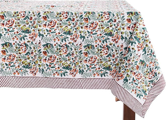 ATOSII Ambrosia Green 100% Cotton Rectangle Fall Tablecloth, Handblock Floral Print Linen Table Cloth for Kitchen Dining I Parties, Outdoors, Christmas, Thanksgiving I 72 X 120 Inches I 10 Seater
