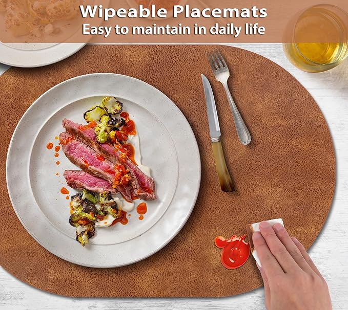 ADRIMER Placemats, Heat Resistant Oval Placemats Set of 6 Washable 12 x 17 Inch, Waterproof Table Mats, Wipeable Pu Place Mats for Kitchen, Dining Room, Turmeric Brown
