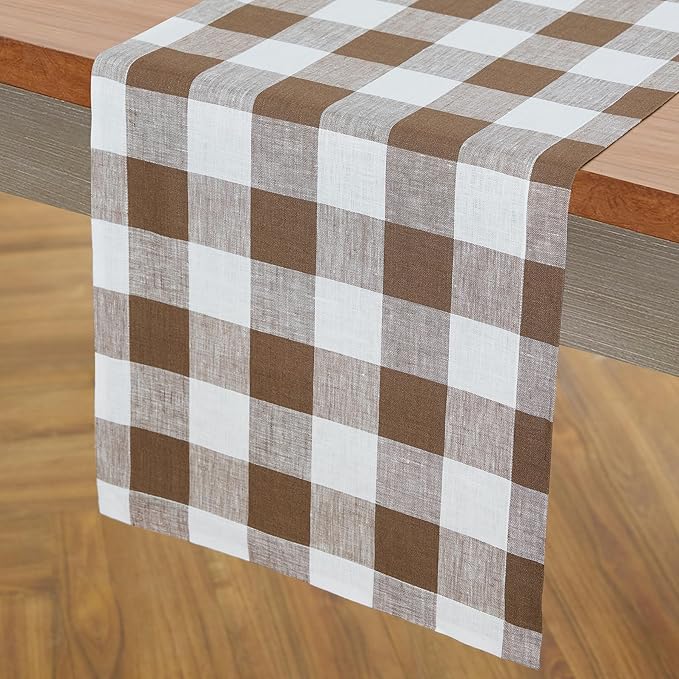 Solino Home Table Runner 132 Inches Long - 100% Pure Linen Buffalo Check Coco Brown and White Table Runner 14 x 132 Inch Ideal for Dining