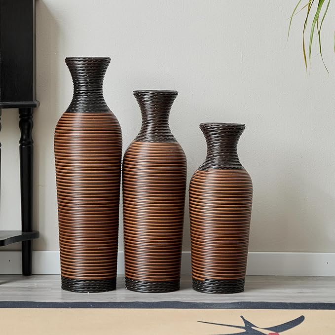 Black and Brown PVC Floor Vase Set of 3, Modern Decorative Flower Stand, Tall Artificial Vine Vase, Classic Home Decoration Vases for Living Room, Entryway, or Office