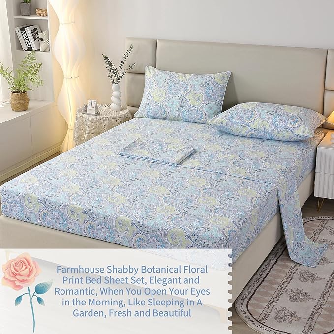 RYNGHIPY Cotton Sheets Floral Print Queen Size Sheet Sets Flower Botanical Pattern Egyptian Cotton Bed Sheets Soft and Breathable Deep Pockets (Blue,Queen Size)