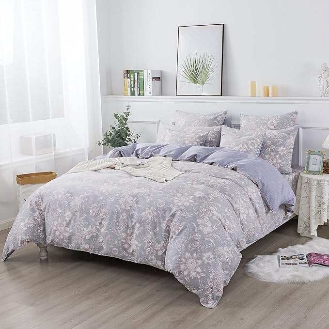 FADFAY Duvet Cover Set Twin Shabby Pink and Grey Floral Quilt Cover Vintage Sunflower Bedding Elegant Summer Bedding 100% Cotton Soft Comforter Cover with Hidden Zipper Closure 3Pcs, Twin Size