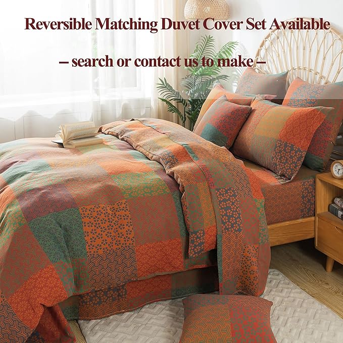FADFAY Grid Sheets Set King Vintage Checkered Floral Bedding Shabby Geometry Farmhouse Bedding Super Soft Washed Double -Layer Muslin Sheets 100% Cotton Deep Pocket Fitted Sheet 4Pcs, King Size
