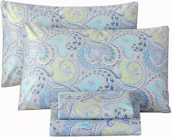 RYNGHIPY Cotton Sheets Floral Print King Size Sheet Sets Flower Botanical Pattern Egyptian Cotton Bed Sheets Soft and Breathable Deep Pockets (Blue,King Size)