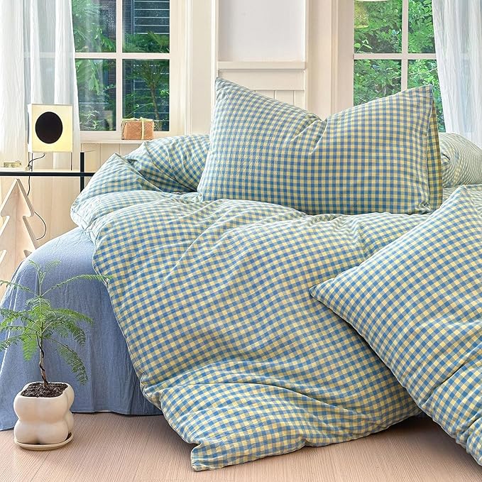 LifeTB Blue Yellow Gingham Comforter Set King 3 Pieces Soft Fluffy Grid Checkered Pattern Comforter with 2 Pillowcases Farmhouse Gingham Bedding Set Modern Style Geometric Plaid Comforter Set