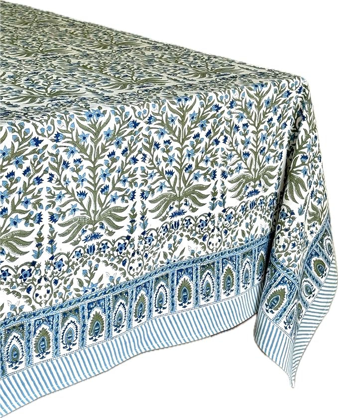 ATOSII Nargis Blue 100% Cotton Rectangle Summer Tablecloth, Indian Block Print Floral Table Cloth I Dining Parties Weddings Outdoors Holidays 60 X 108 Inches 8 Seater I Grandmillennial Farmhouse Boho