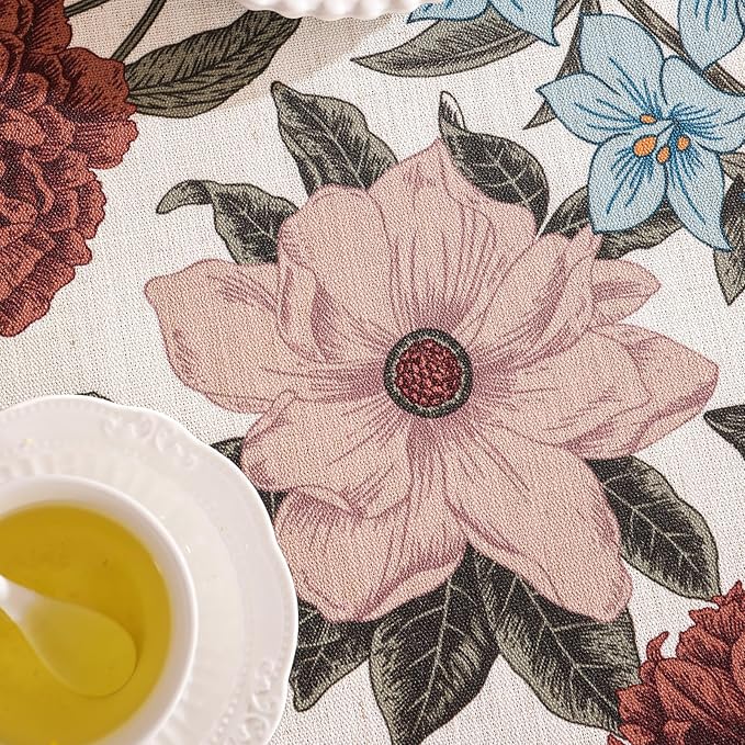 Designer French Linen Tablecloth for Rectangle Table,Red and Blue Floral Rustic Durable Tablecloths,Decor Table Cover for Kitchen,Dining,Thanksgiving,Home,55" × 79"-Burgundyred