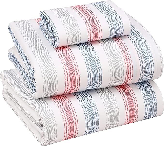 RUVANTI 100% Cotton Twin Sheets Set, 3 Pieces, Soft & Breathable Percale Weave Bedding, Deep Pocket 16", Hotel Standard, Crisp Cool Feel, Durable, Perfect Striped Bed Sheet, Times