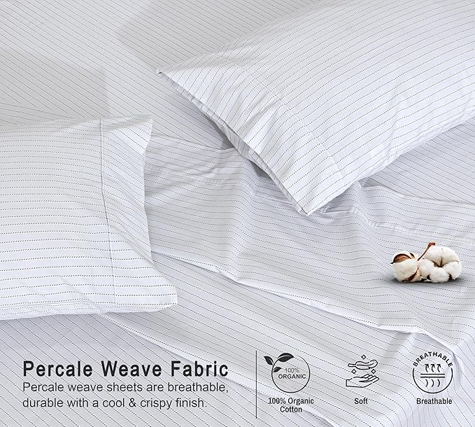 RUVANTI 100% Organic Cotton Sheets Queen Size, Percale Weave, GOTS Certified, 4-Piece Set, Deep Pocket 15", Crisp & Breathable, Soft Durable Bedding, Sábanas Algodón Orgánico – Construction Line