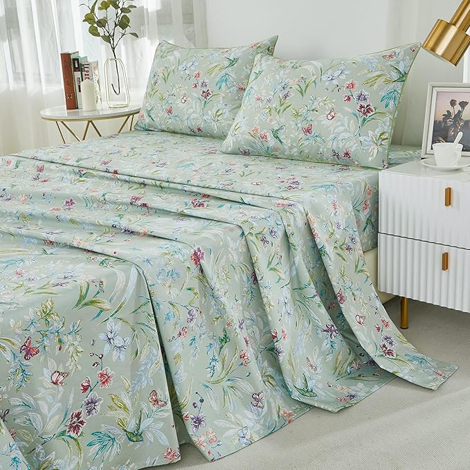 Brandream Garden Style Butterfly Floral Bedding Elegant Watercolor Painting Farmhouse King Size Bed Sheets Set Luxury Bedding Collections 800TC 100% Egyptian Cotton Deep Pocket, 4Pc Green