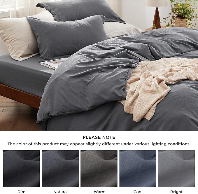 Bedsure Duvet Cover Queen Size with Fitted Sheet - 4 Pieces Prewashed Cotton-Like Extra Soft Bedding Set, Includes 1 Duvet Cover 90x90 Inches, 2 Pillow Shams, 1 Fitted Sheet, Dark Grey