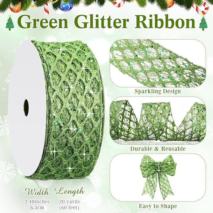 Geosar 20 Yards Green Glitter Mesh Wired Ribbon for Christmas Tree Decorations, Gift Wrapping, DIY Craft, Xmas Wreaths, Cabinet Decor (2.5 Inch)