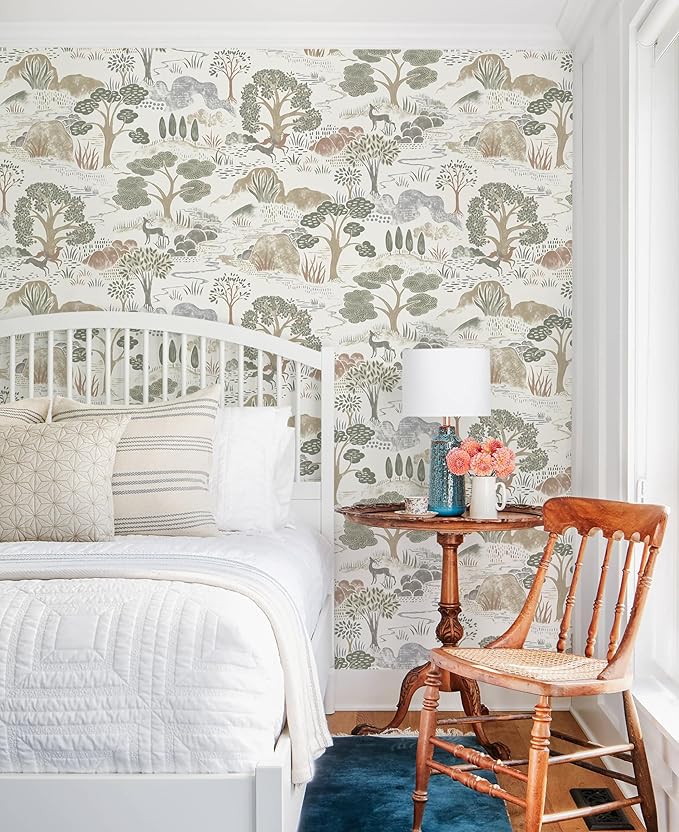 Erfoni 16.9"x197" Boho Forest Peel and Stick Wallpaper Green/Brown/White Contact Paper Forest Self Adhsive Peel and Stick Contact Paper DIY Removable Wallpaper for Bedroom Kids Nursery Decor