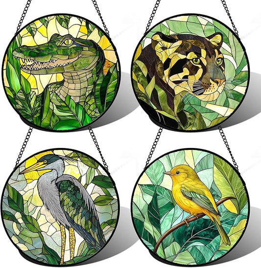 Stained Glass Window Hanging 4 Pcs Set Green Plants Animals Theme Large 11.8" - Bird Tiger Suncatcher Door Garden Sun Catcher Decor Birthday for Mom Woman Nana Men Friend