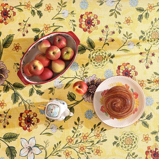 Vintage Linen Small Tablecloth for Square Table,Yellow Floral French Wrinkle Free Tablecloths,Decorative Table Cover for Kitchen,Dining,Thanksgiving,Farmhouse,55" × 55"-Bellano