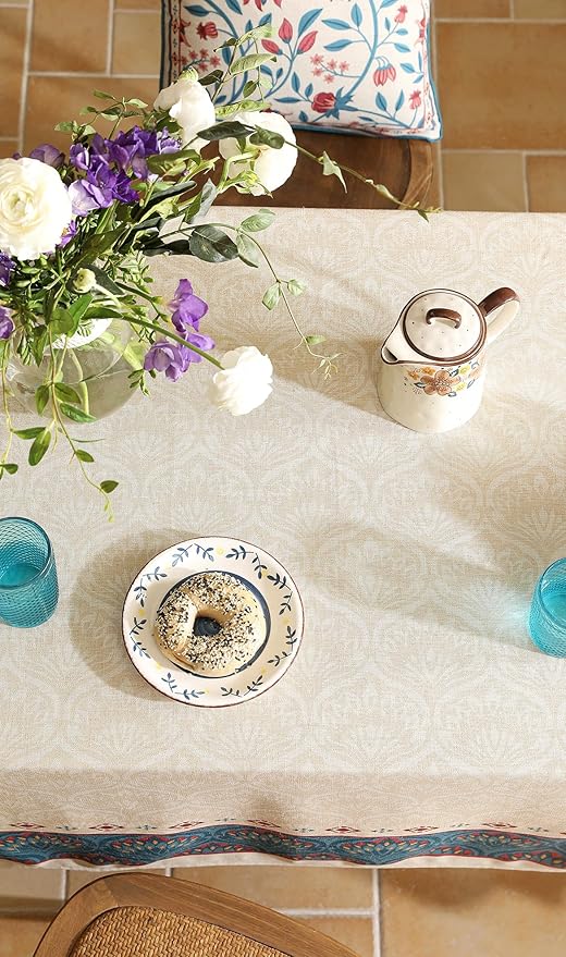 Vintage Beige Linen Extra Long Rectangle Tablecloth,Paisley Farmhouse Feather Pattern Table Cloth,Decor Table Cover for Kitchen,Dining,Thanksgiving,Christmas,63"*110"-Dorodango F