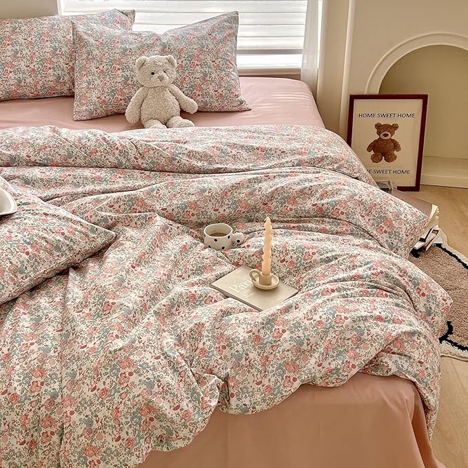 LifeTB Queen Size Comforter Set Boho Pink Floral Bedding Comforter with 2 Pillowcases Vintage Garden Style Boho Comforter for Queen Bed Cute Flower Bedding Fluffy Cottagecore Botanical Comforter Set