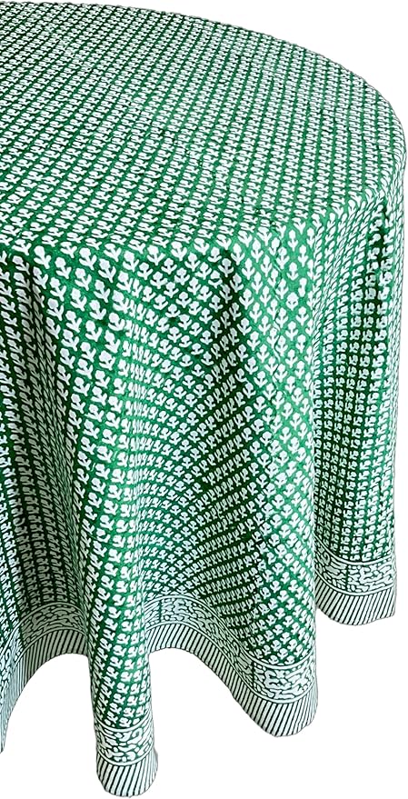 ATOSII Queen Green 100% Cotton Round Tablecloth, Handblock Print Floral Table Cloth for Kitchen Dining Linen I Parties, Weddings, Outdoors, Christmas, Thanksgiving I Fall Home Decor 60" Inches Round