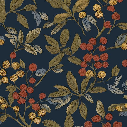 Navy Blue Floral Wallpaper Peel and Stick, Vintage Contact Paper 17.5" x 118", Dark Leaf Botanical Boho Wall Paper Self Adhesive Waterproof Removable for Room Shelve Cabinet Drawer Table Decor