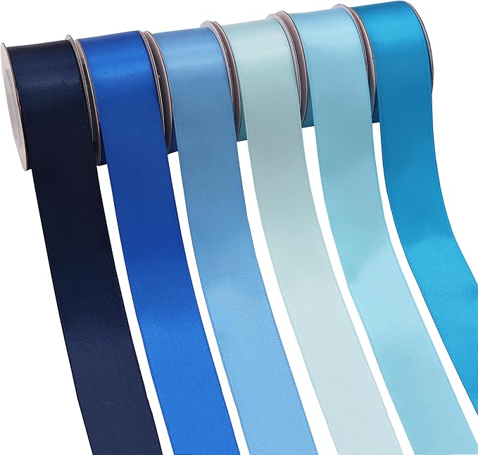 Double-Face Blue Satin Ribbon for Gift Wrapping, Wedding, Baby Shower, Boy 6 Colors Satin Ribbon 1" X 5 Yard Each Total 30 Yds Per Package