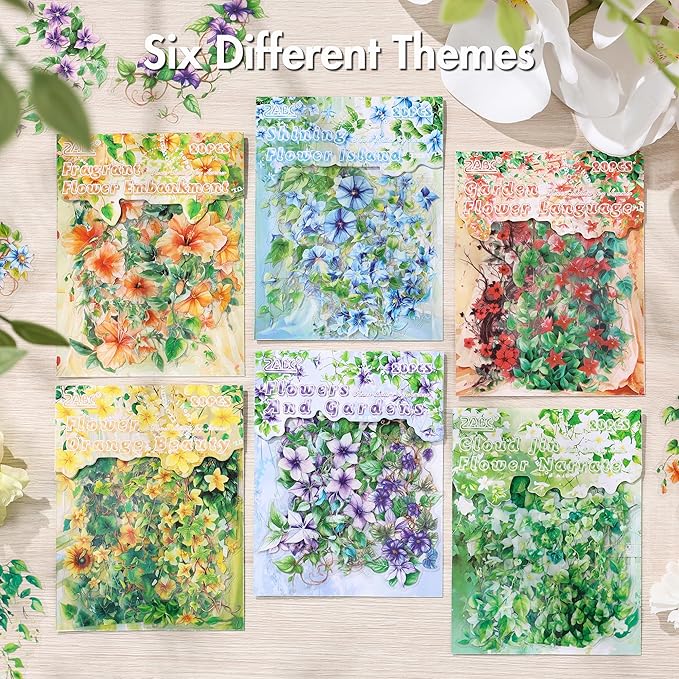 120pcs Flower Stickers for Scrapbooking – Waterproof Floral Stickers for Journaling, Junk Journal, Home Decor, Laptop, Water Bottle, DIY Crafts (6 Floral Themes)