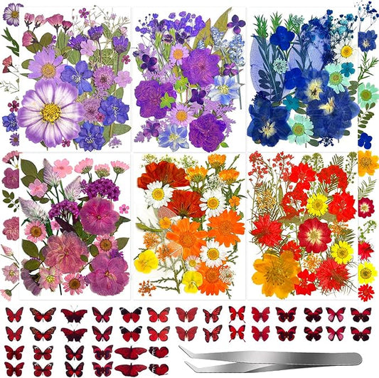 207 Pcs Dried Pressed Flowers for Crafts, Dried Pressed Flowers for Resin, Bulk Natural Dried Flowers Kit with Butterfly Stickers&Tweezers for DlY Resin Molds, Candles, Soap,Jewelry Making, Art Crafts