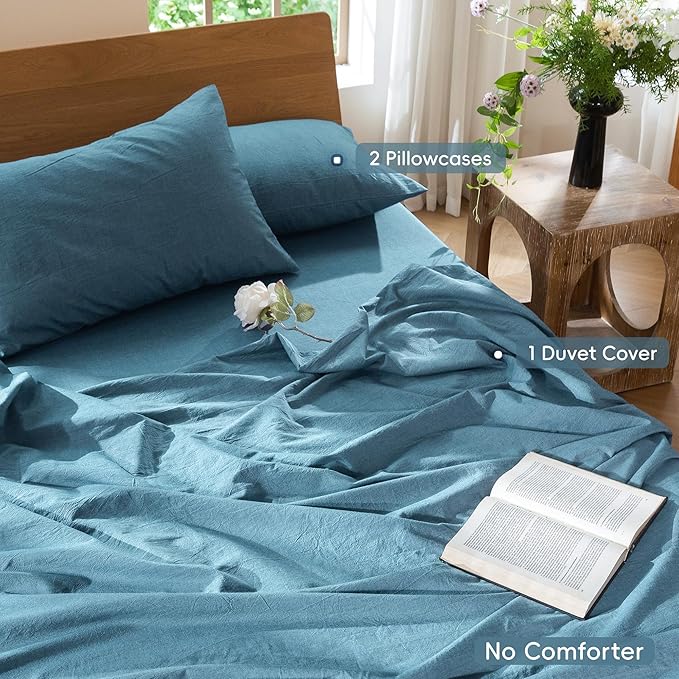 MooMee Bedding Duvet Cover Set 100% Washed Cotton Linen Like Textured Breathable Durable Soft Comfy (Heathered Peacock Blue, Super King 108"x98")