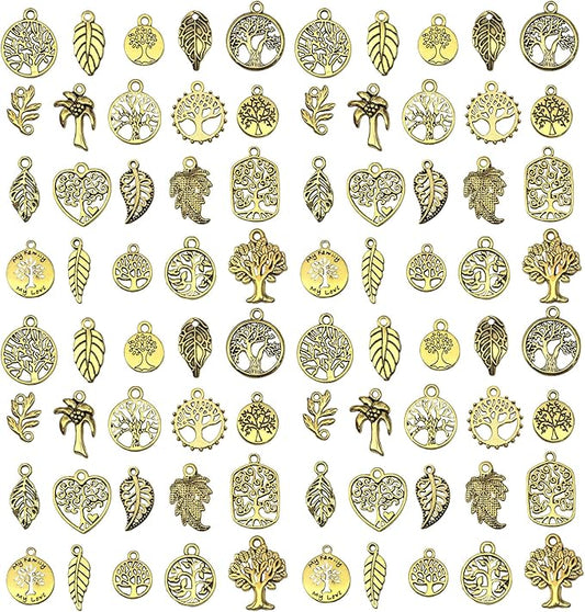 WOCRAFT 60pcs Antique Gold Tree Leaf Charms Bracelet Charms for Jewelry Making Sets DIY Necklace Bracelet Keychain Crafting Charms Kit Craft Supplies (SN888)