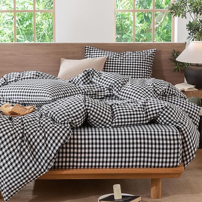 MooMee Gingham Duvet Cover Set 100% Washed Cotton Linen Like Textured Breathable Durable Soft Comfy Modern Checkered Design (Black White Gingham, Cal King 104"x98")
