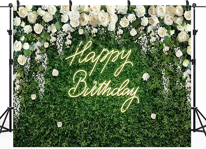 Riyidecor Green Leaves Birthday Backdrop Vinyl Neon White Rose Flower Floral Blossom Elegant Greenery Grass Wall Botanical Plant 10Wx8H Feet Photography Background Birthday Photo Studio Shoot