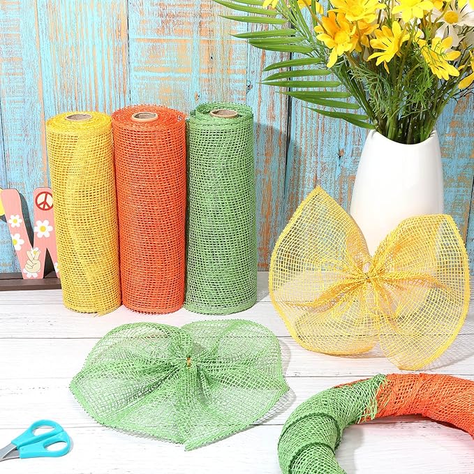 Chuangdi 4 Rolls Fall Poly Burlap Mesh Poly Burlap Deco Ribbon Mesh Roll for Autumn Thanksgiving Easter DIY Flower Wreath Garland, 10 Inch