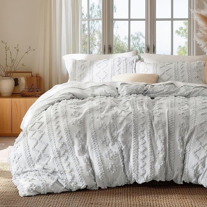 Bedsure Boho Duvet Cover King Size, Soft & Comfortable Elegant Design Boho Bedding for Decoration, Machine Washable Comforter Cover for All Seasons,Includes 1 Duvet Cover & 2 Pillow Shams,Light Grey