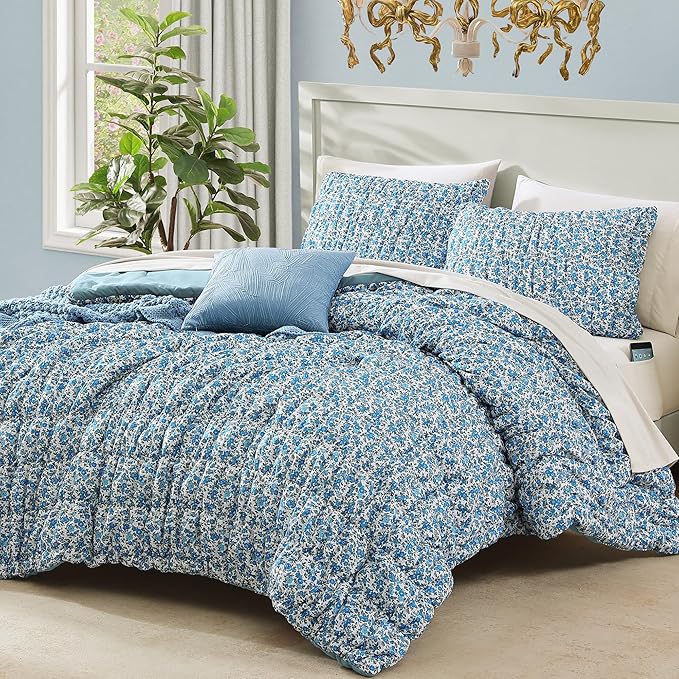 King Comforter Set - 7 Pieces Blue Classic Puff Floral Bedding Sets for All Seasons, Shabby Chic Farmhouse Bed in a Bag King with Wildflowers Fluffy Comforter, Sheets, Pillowcases & Shams