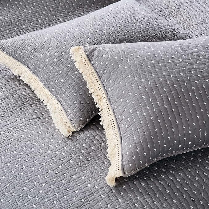 Levtex Home Cross Stitch Reversible Full/Queen Quilt Set (88x92in) and 2 Pillow Shams (26x20in) - Stitch Texture - Grey and White - Cotton Queen Size Quilt Bedding Set - Lightweight Soft Pre-Washed